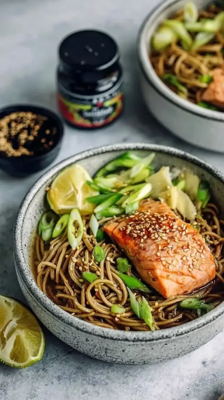 A vibrant soba noodle bowl topped with pan-seared salmon, edamame, and cucumber slices.