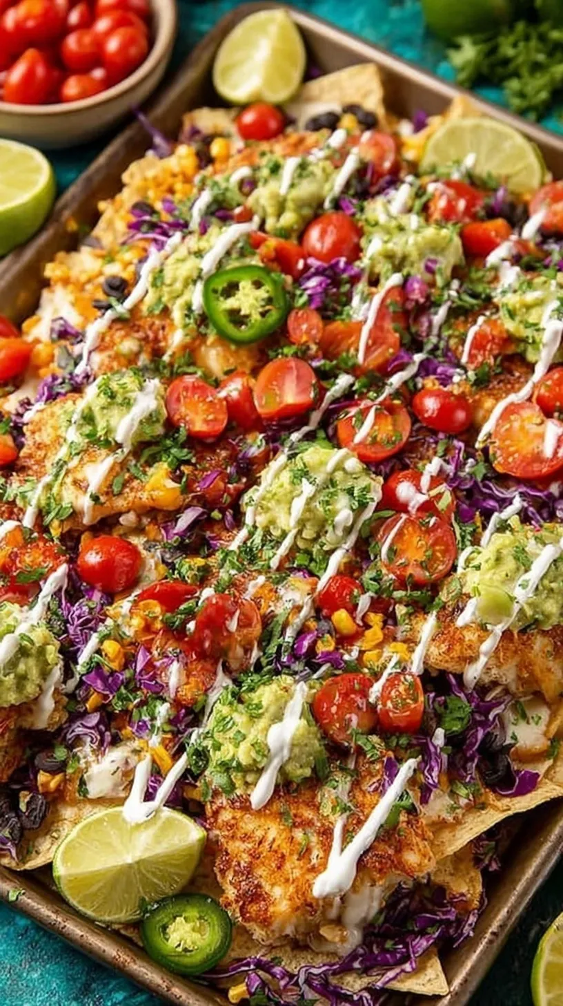 A sheet pan filled with crunchy tortilla chips, flaked blackened tilapia, melted cheese, black beans, and fresh avocado.