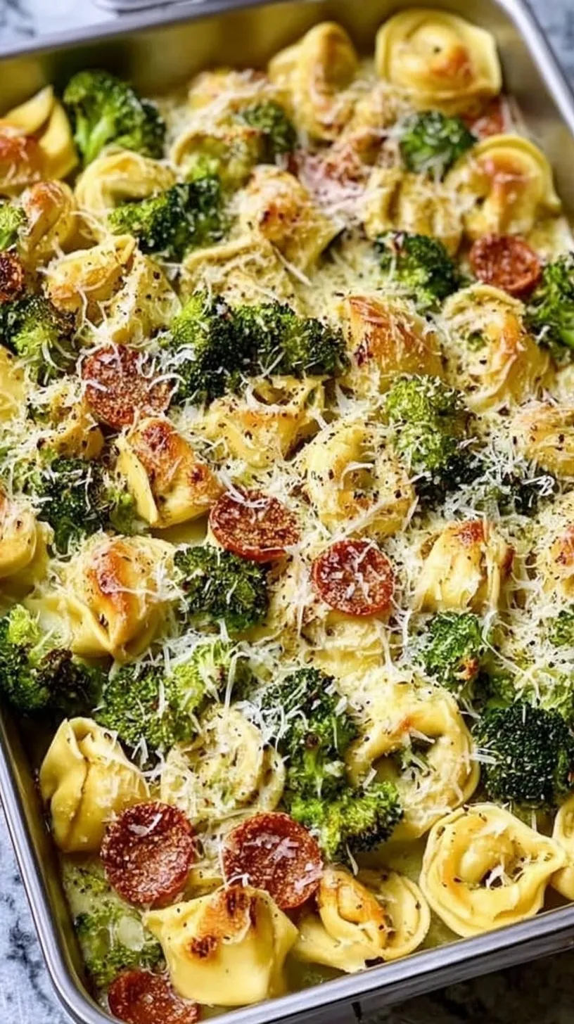 A golden sheet pan broccoli tortellini bake with melted mozzarella and roasted broccoli