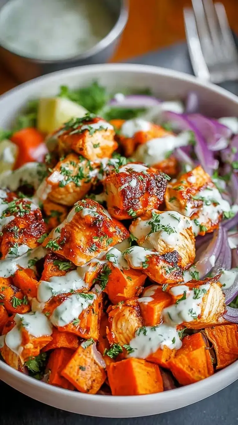 A colorful sheet pan featuring roasted buffalo chicken cubes and golden sweet potatoes over fresh greens.
