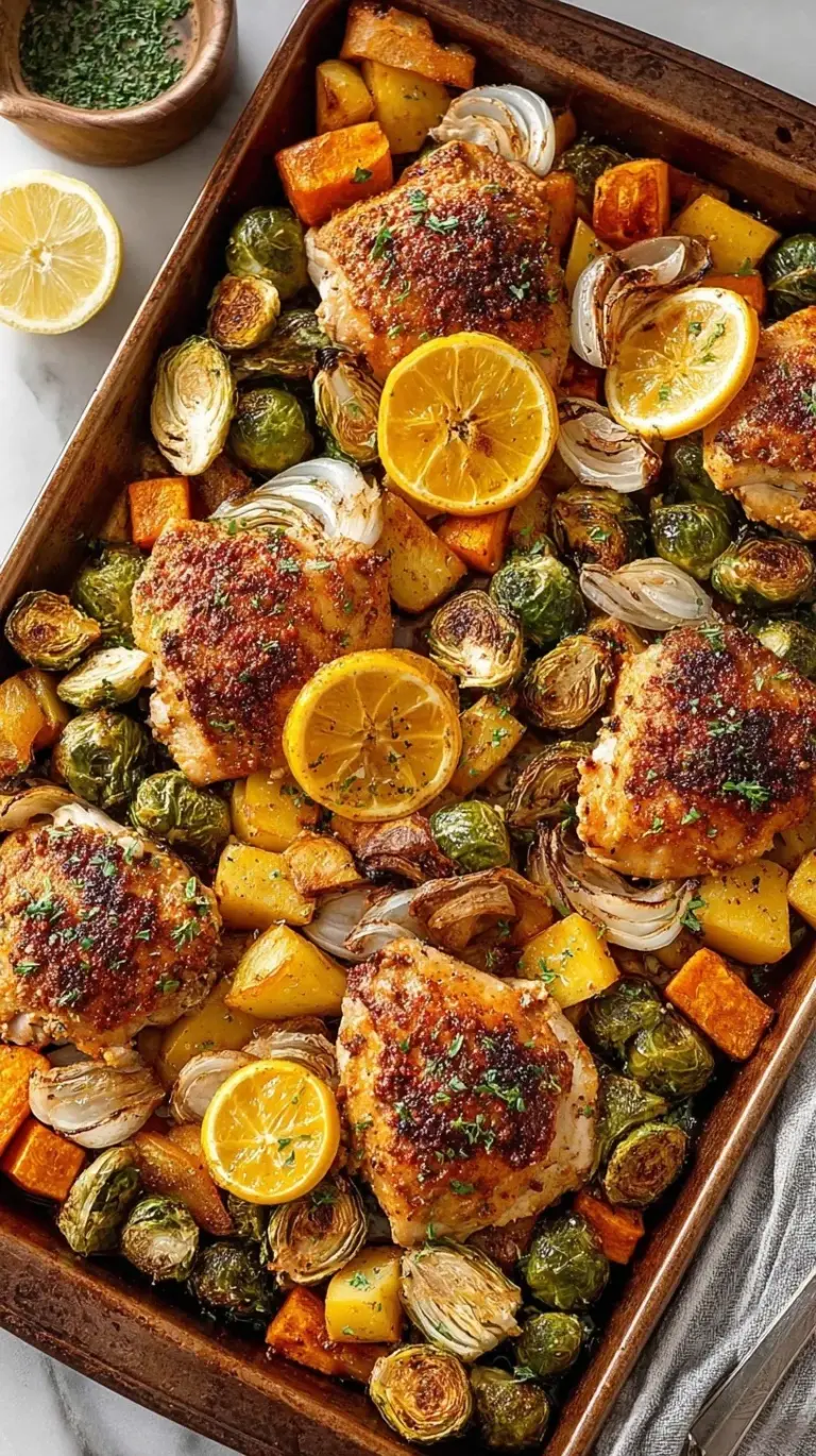 A colorful sheet pan filled with roasted chicken cubes, green broccoli, red peppers, and red onions.