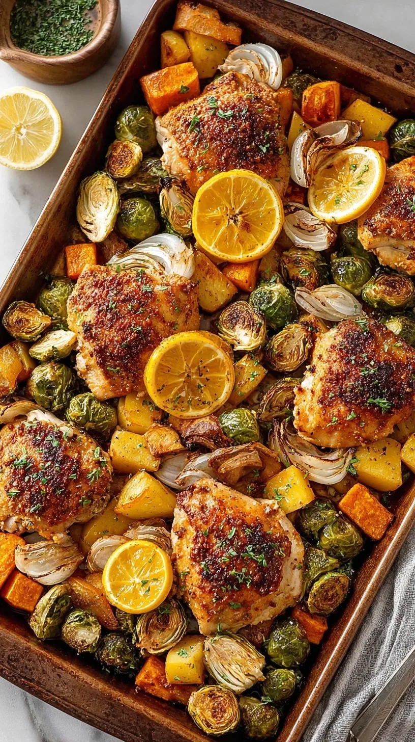 A colorful sheet pan filled with roasted chicken cubes, green broccoli, red peppers, and red onions.