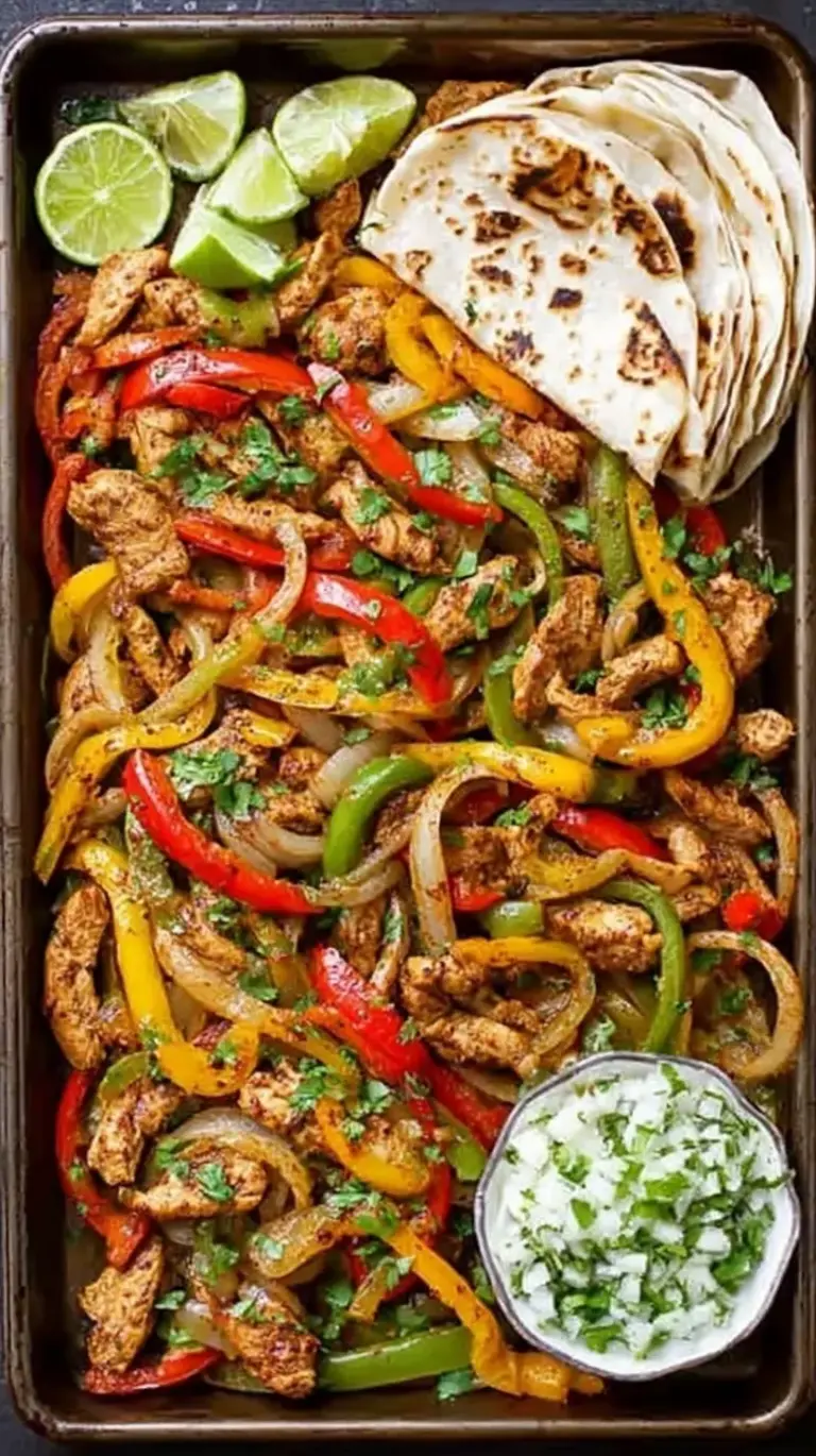 A colorful sheet pan filled with roasted chicken strips, bell peppers, and red onions with lime wedges.