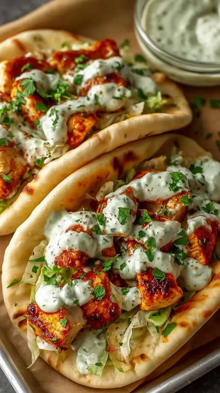 Golden roasted chicken strips and colorful bell peppers inside a warm pita pocket drizzled with creamy white herb sauce.