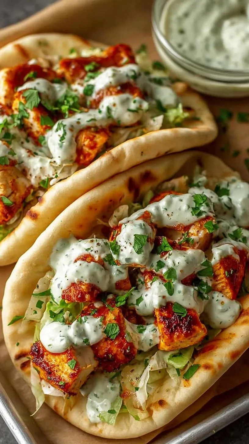 Golden roasted chicken strips and colorful bell peppers inside a warm pita pocket drizzled with creamy white herb sauce.