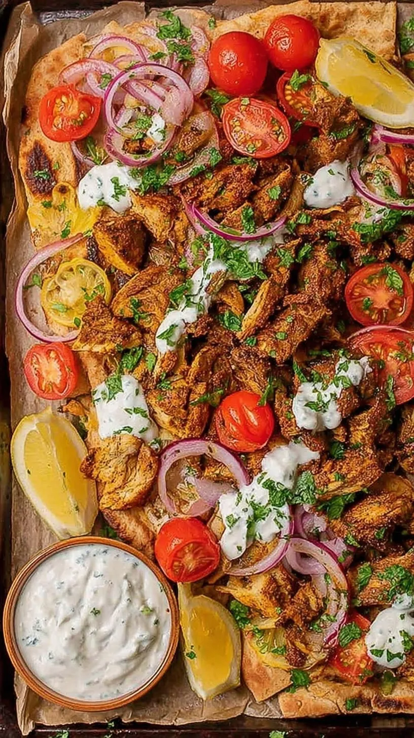 Golden roasted chicken strips with colorful bell peppers and red onions on a sheet pan.