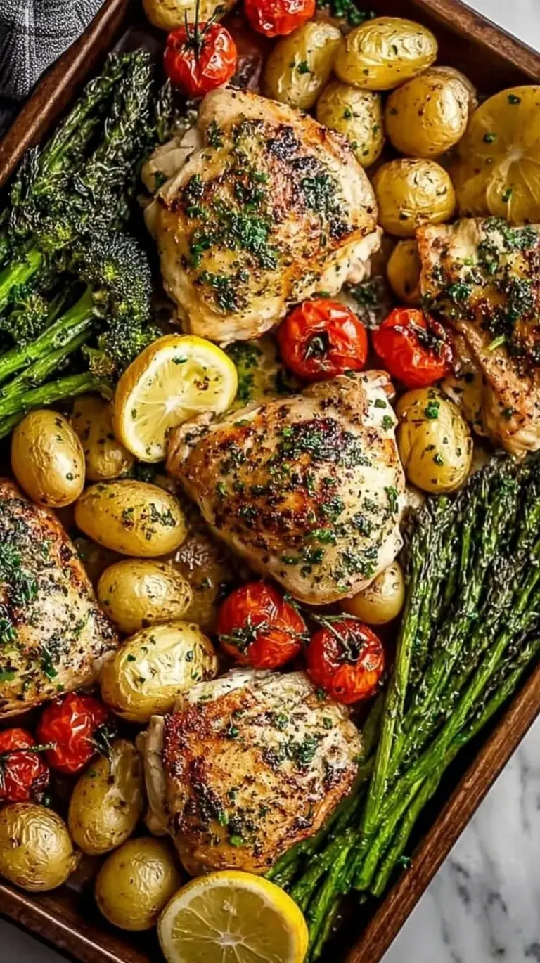 A sheet pan filled with roasted garlic butter chicken cubes, golden potatoes, and bright green broccoli.