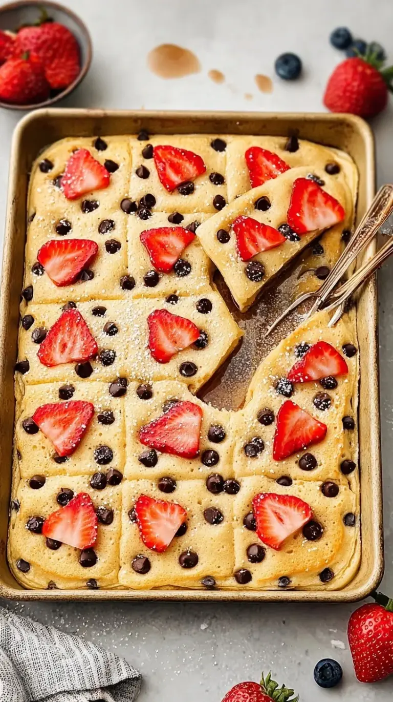 Golden brown sheet pan pancakes with blueberries and chocolate chips sliced into squares