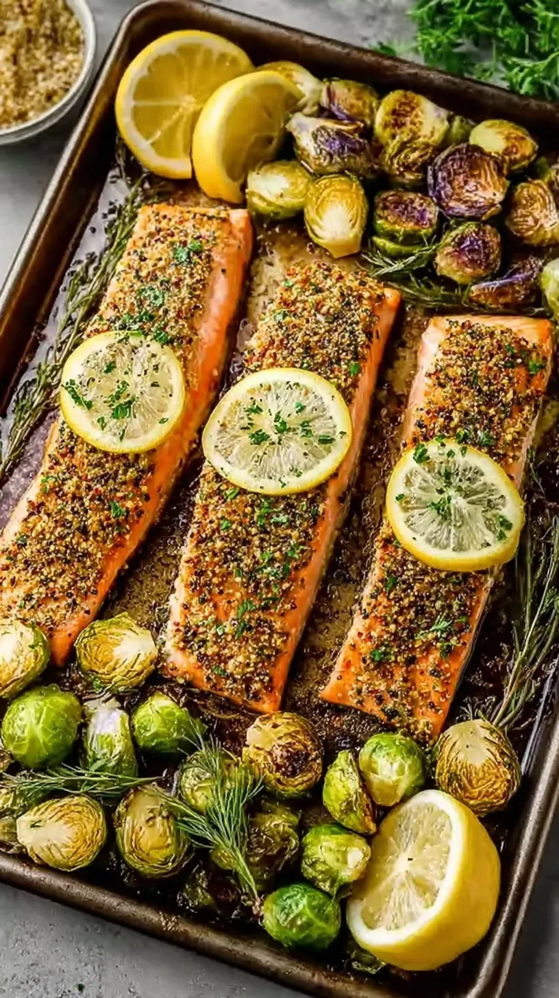 Oven-roasted sheet pan salmon fillets topped with lemon slices next to halved Brussels sprouts.