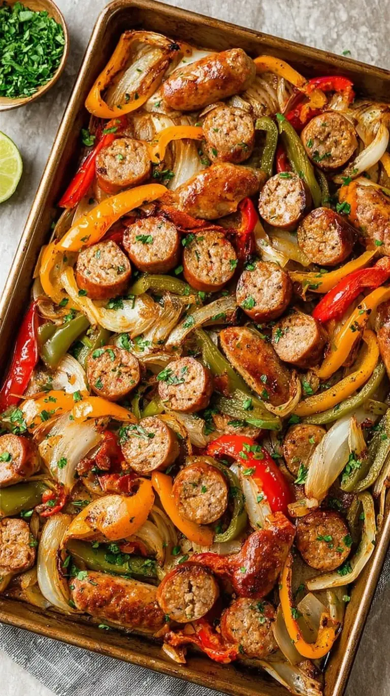 Roasted Italian sausages with colorful bell peppers and onions on a parchment-lined sheet pan