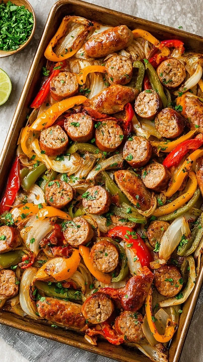 Roasted Italian sausages with colorful bell peppers and onions on a parchment-lined sheet pan