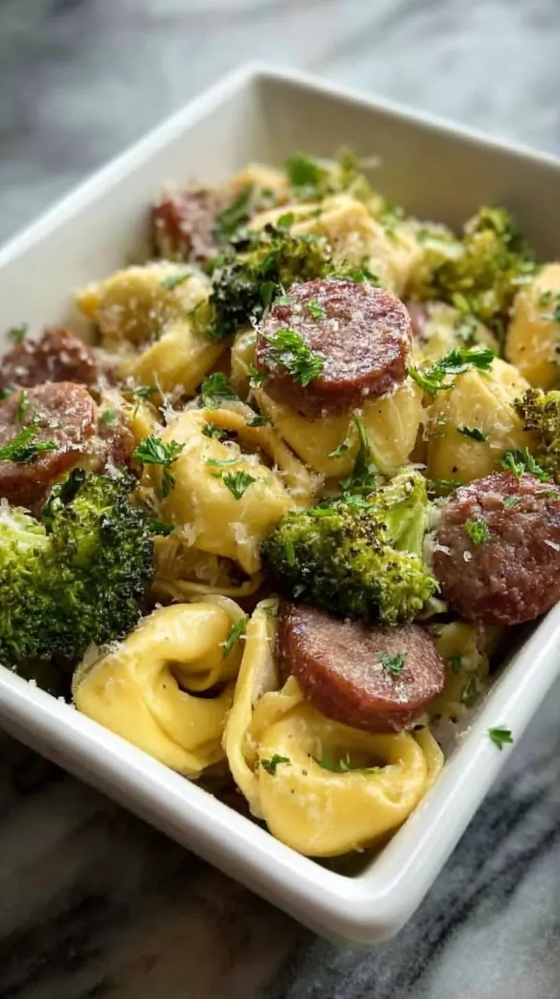 Roasted sheet pan sausage tortellini with zucchini and tomatoes