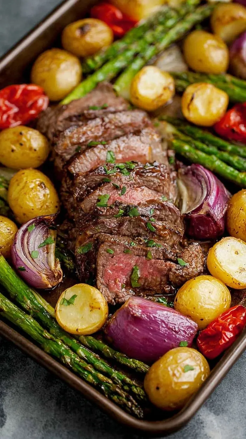 Sliced steak and roasted broccoli with bell peppers on a sheet pan