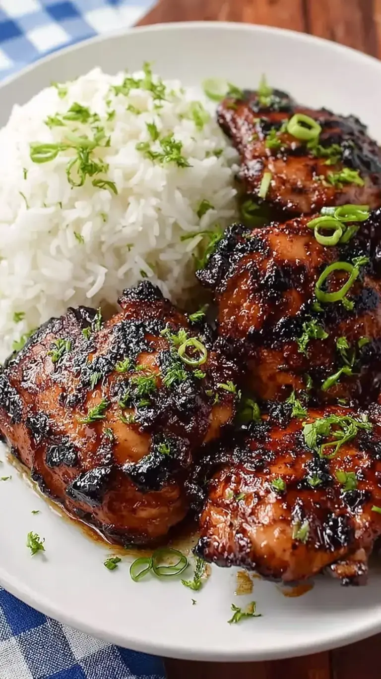 A bowl of tender Hawaiian Shoyu Chicken served over white rice with green onion garnish