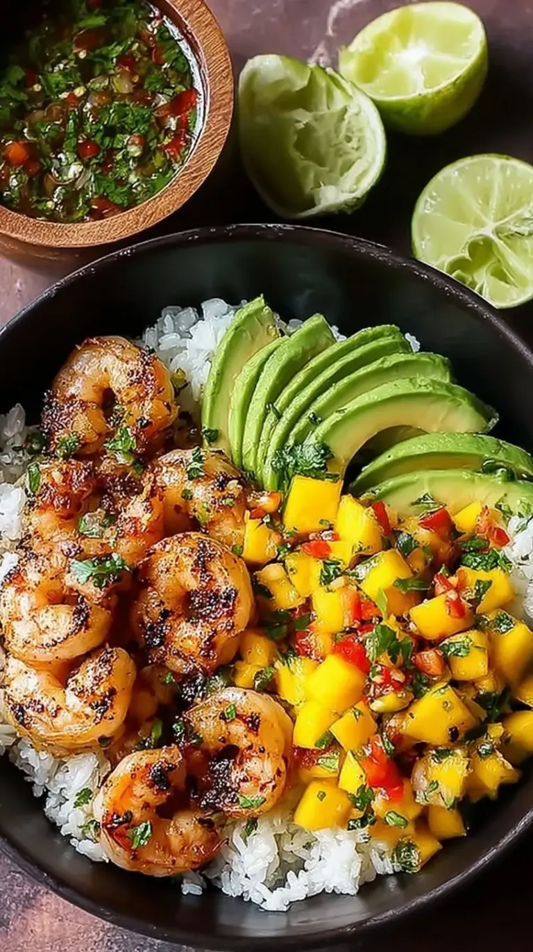A vibrant bowl featuring spiced shrimp, sliced avocado, and colorful mango salsa over jasmine rice.