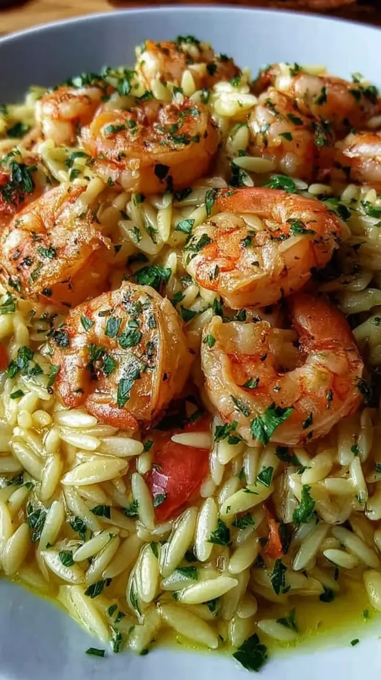 A skillet of golden orzo pasta topped with seared pink shrimp, fresh parsley, and lemon slices.