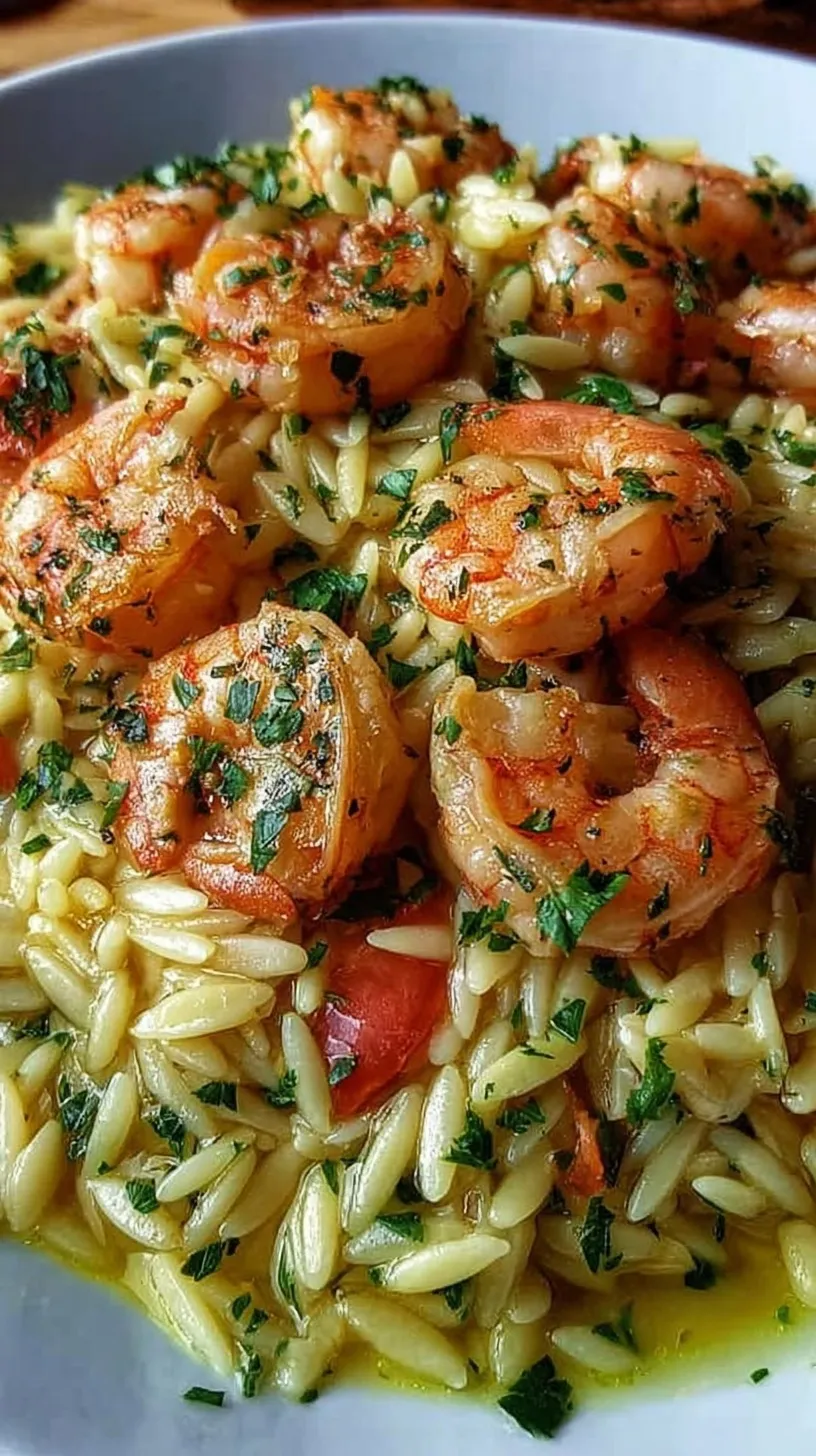 A skillet of golden orzo pasta topped with seared pink shrimp, fresh parsley, and lemon slices.