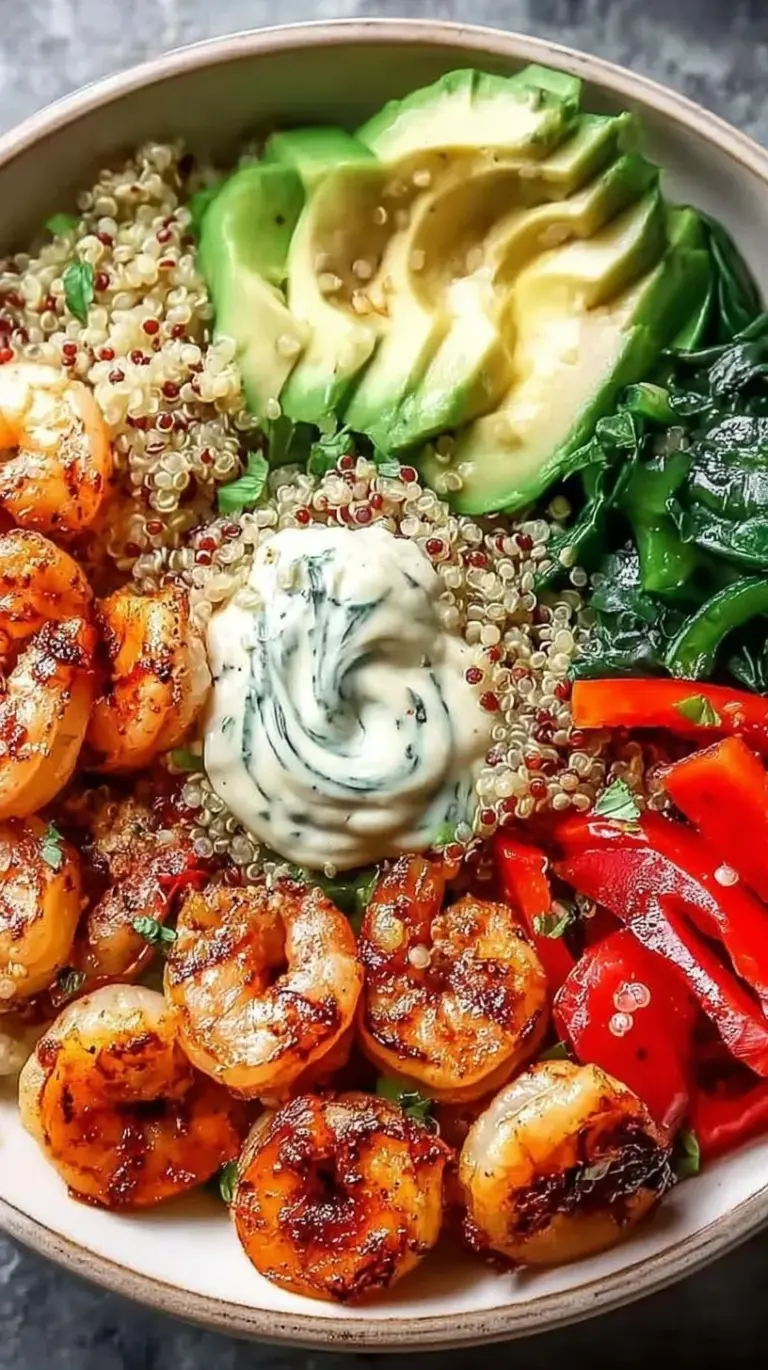A vibrant Healthy Shrimp Quinoa Bowl topped with garlic shrimp, avocado slices, and cherry tomatoes