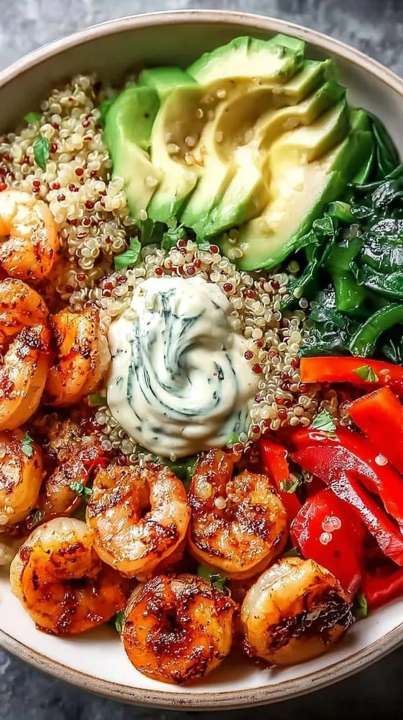 A vibrant Healthy Shrimp Quinoa Bowl topped with garlic shrimp, avocado slices, and cherry tomatoes