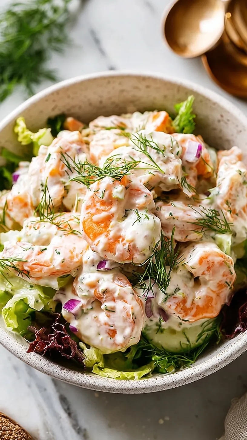 A bowl of creamy classic shrimp salad with fresh dill and lemon wedges
