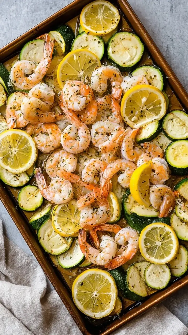 A sheet pan filled with roasted asparagus and garlic butter shrimp garnished with parmesan and parsley.
