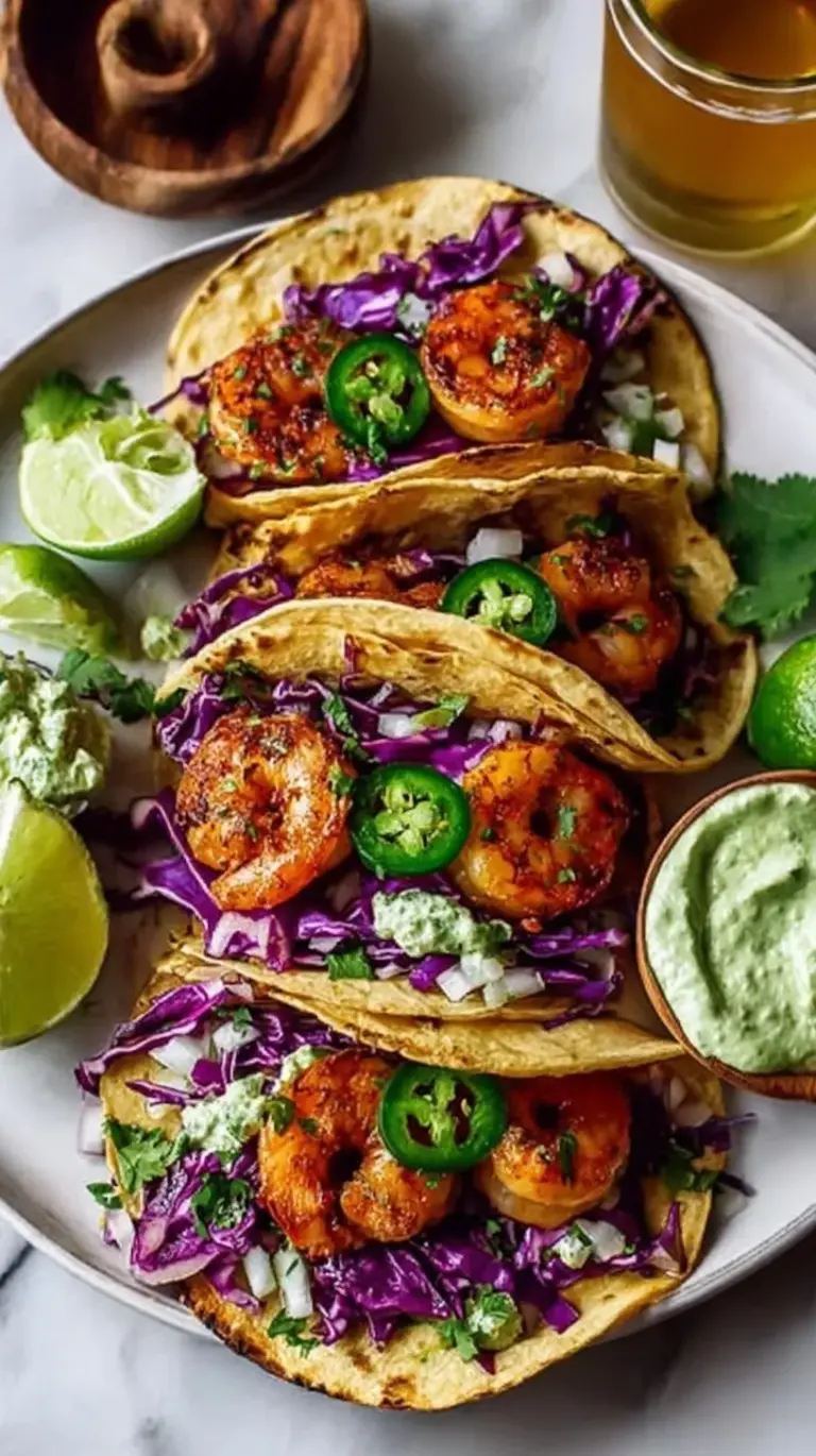 Platter of shrimp tacos with cilantro lime crema and cabbage