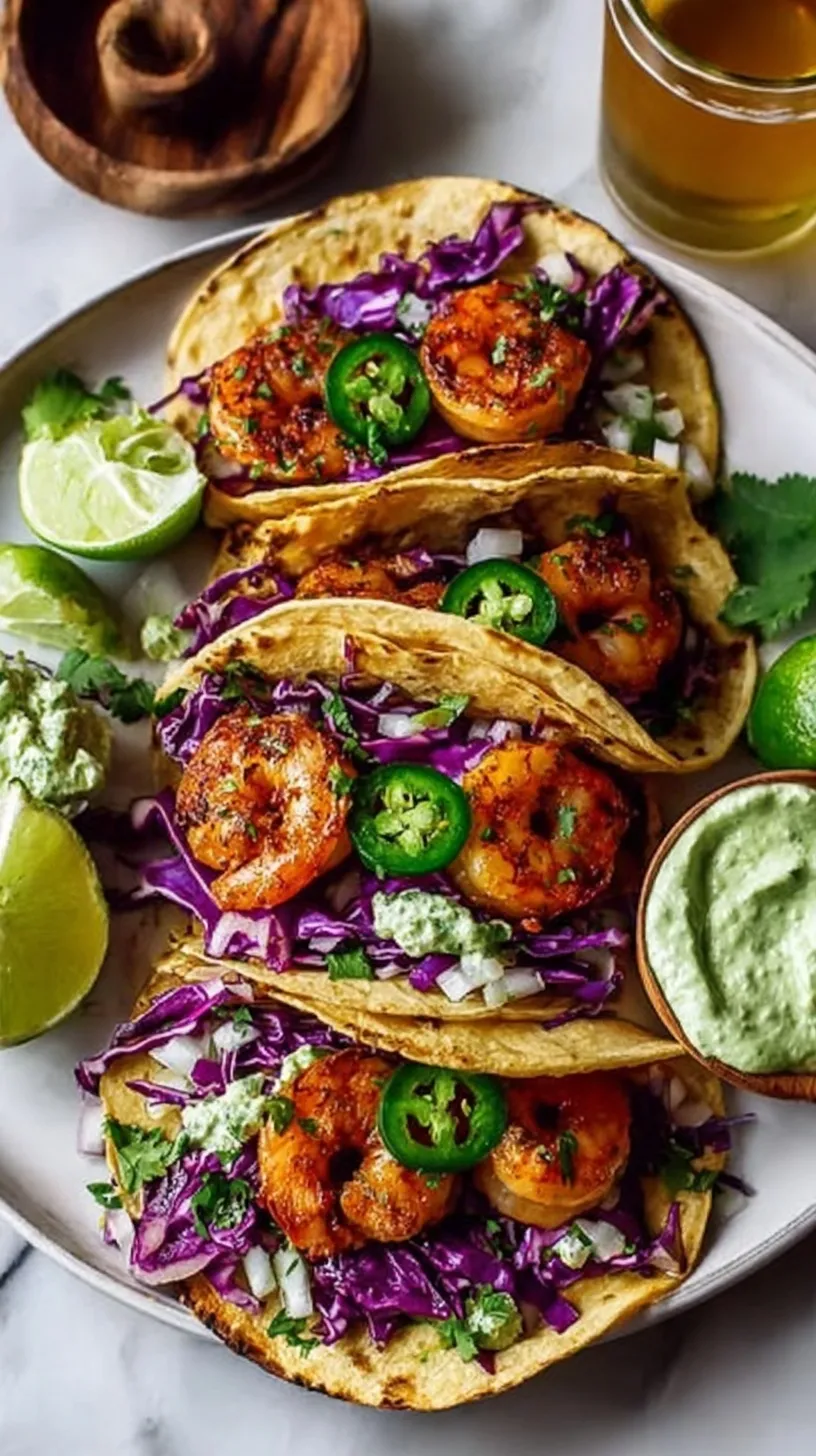 Platter of shrimp tacos with cilantro lime crema and cabbage