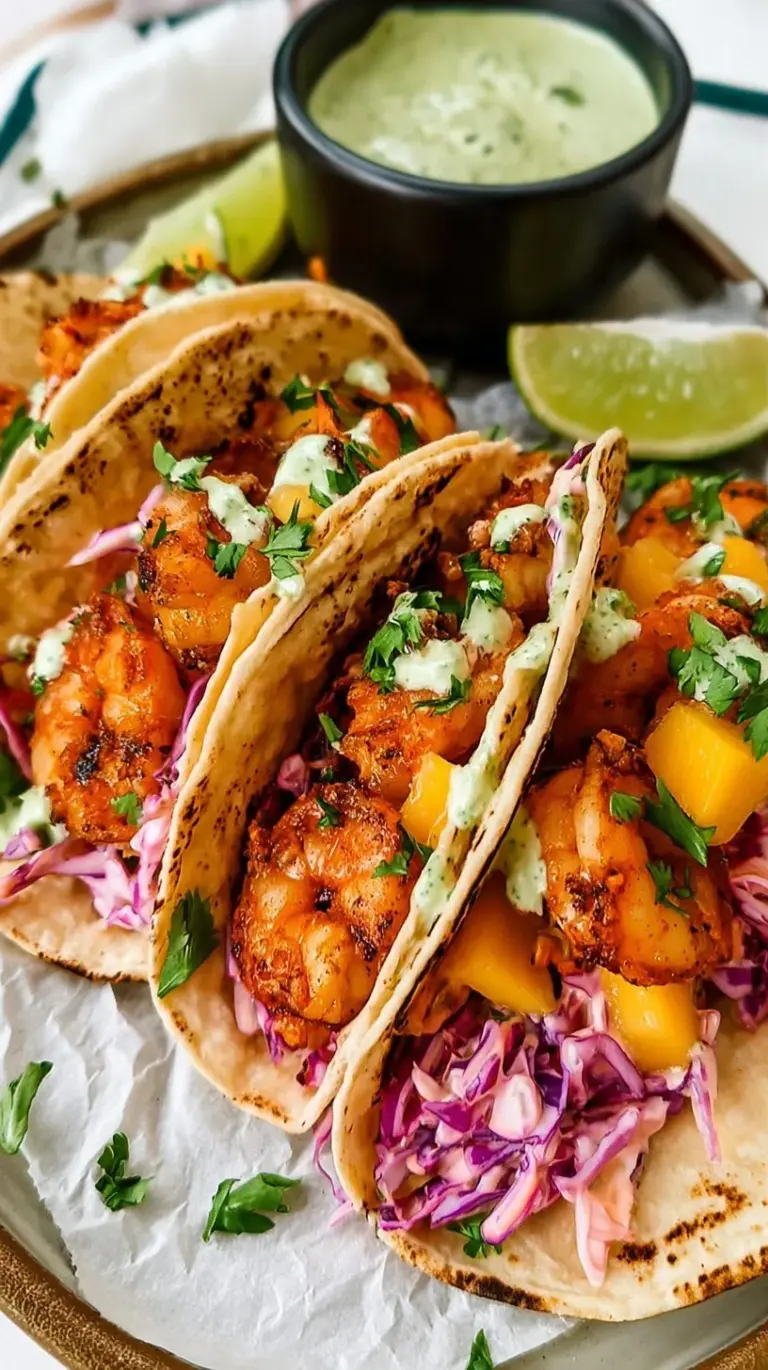 Platter of fresh shrimp tacos topped with vibrant mango cabbage slaw and lime wedges