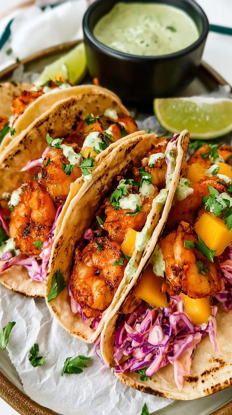 Platter of fresh shrimp tacos topped with vibrant mango cabbage slaw and lime wedges