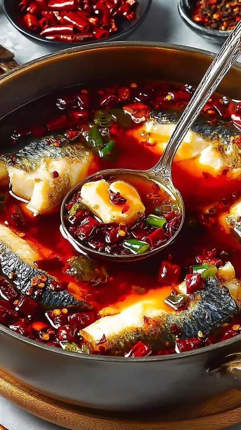 A large bowl of Sichuan spicy fish topped with dried chilies and fresh cilantro in a red broth.