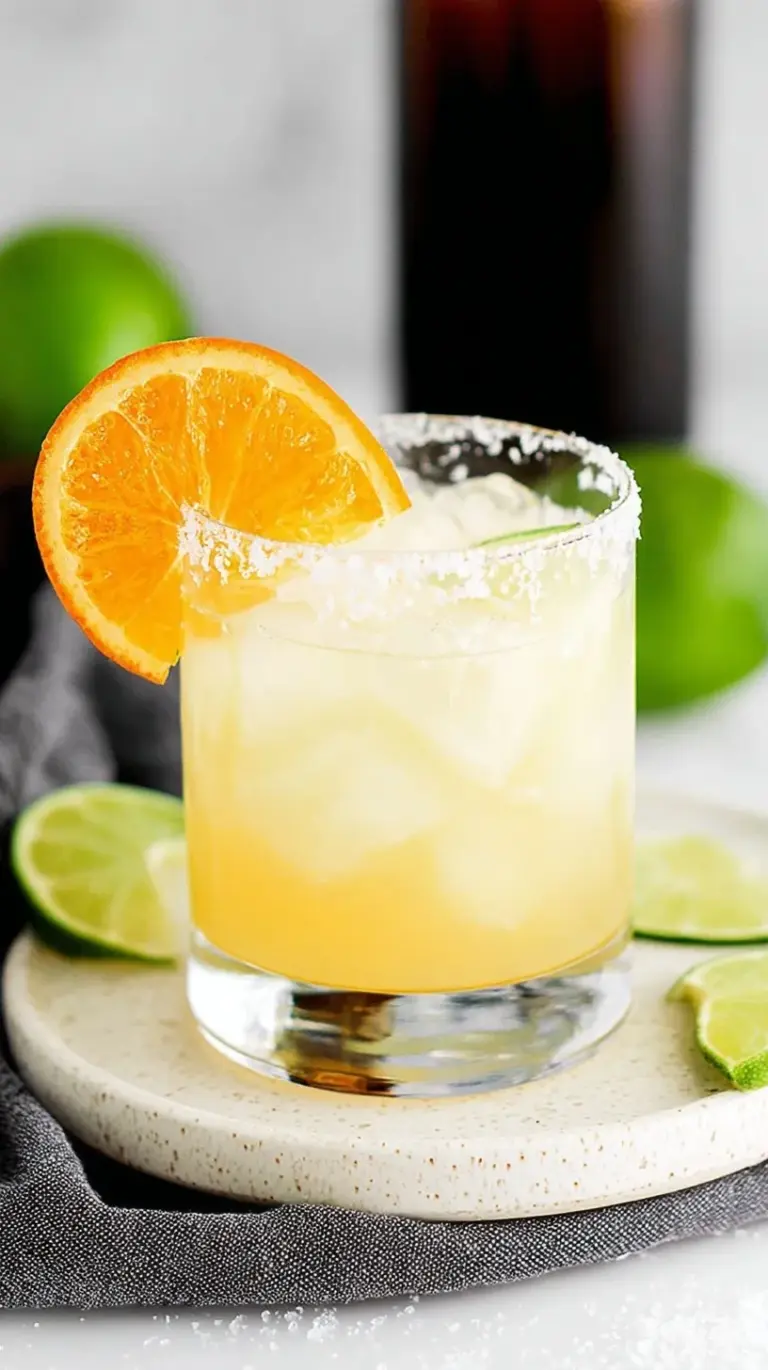 A fresh skinny margarita in a salt-rimmed glass with a lime wedge garnish
