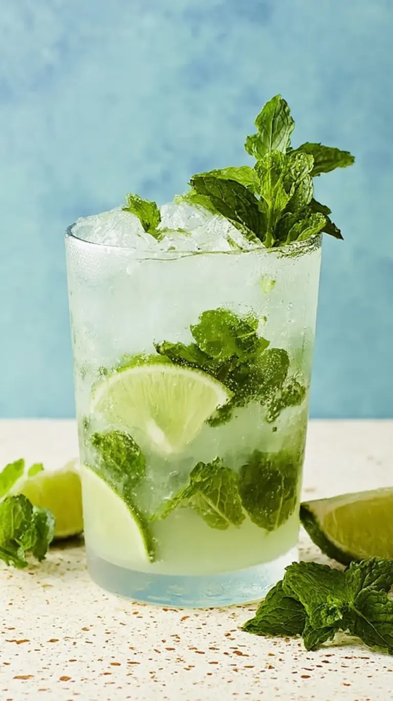 A fresh skinny mojito in a highball glass with mint and lime wedges