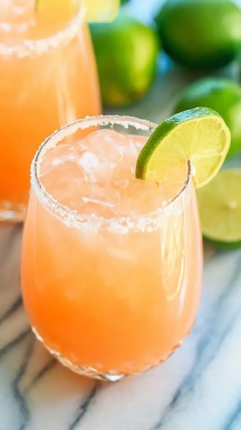 A tall glass of Skinny Paloma with a salt rim and grapefruit garnish on a sunny table.