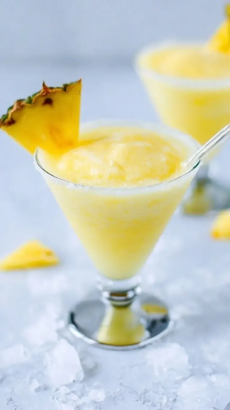 A frosty Skinny Piña Colada in a chilled glass with a pineapple wedge garnish