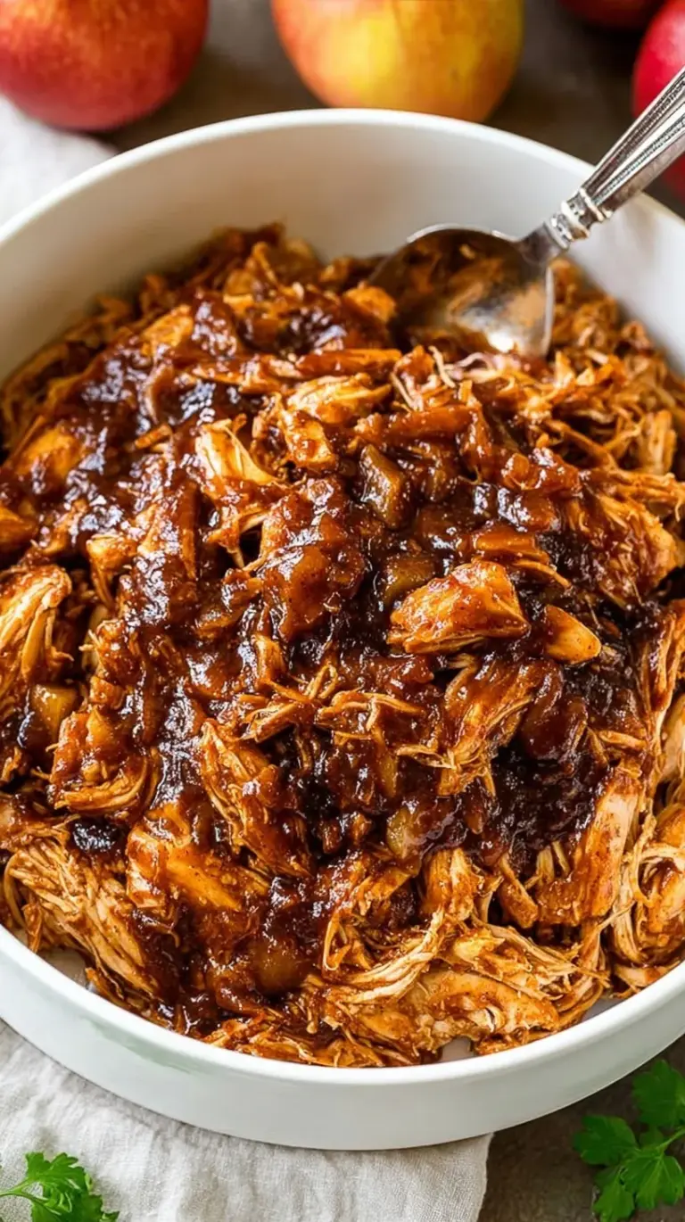 Tender shredded chicken coated in a glossy apple barbecue sauce with diced apples.