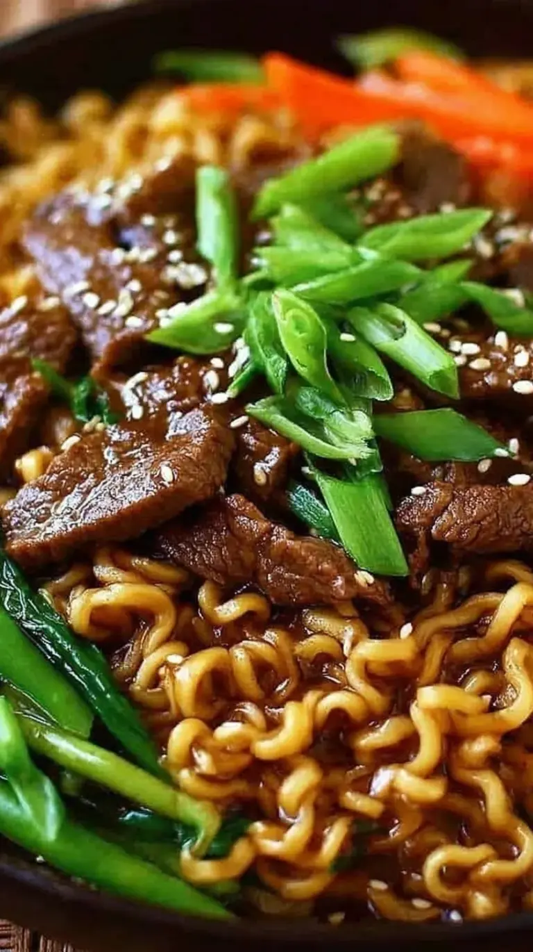 A bowl of shredded beef ramen noodles with fresh spinach and green onions