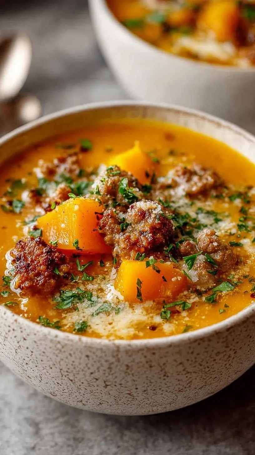 A creamy bowl of butternut squash soup with browned turkey sausage and fresh herbs in a white bowl.