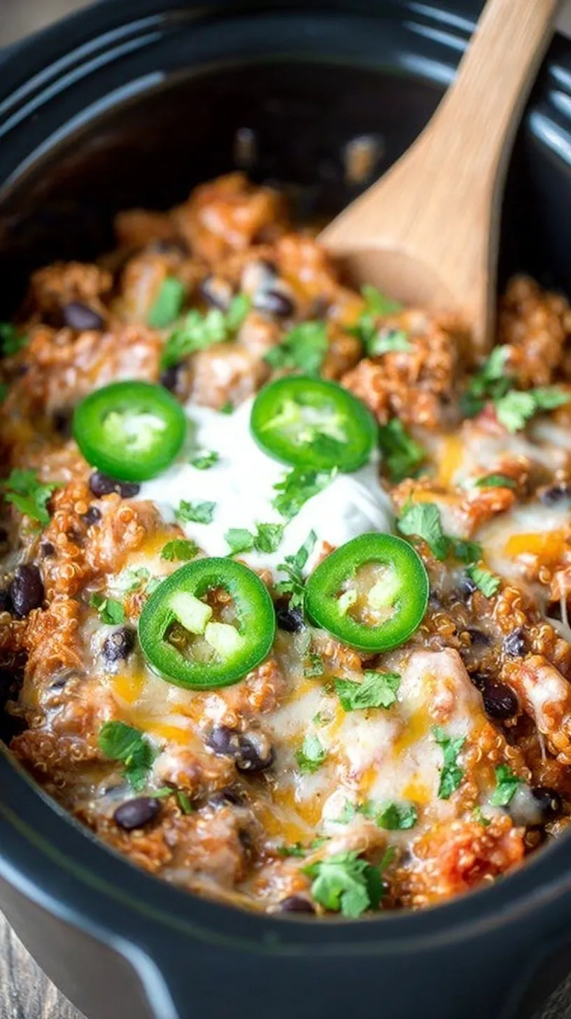 A slow cooker filled with cheesy Mexican quinoa casserole topped with fresh cilantro