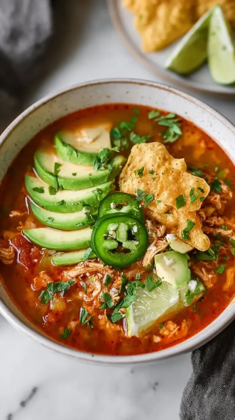 A vibrant bowl of chicken fajita soup topped with fresh cilantro and lime wedges.