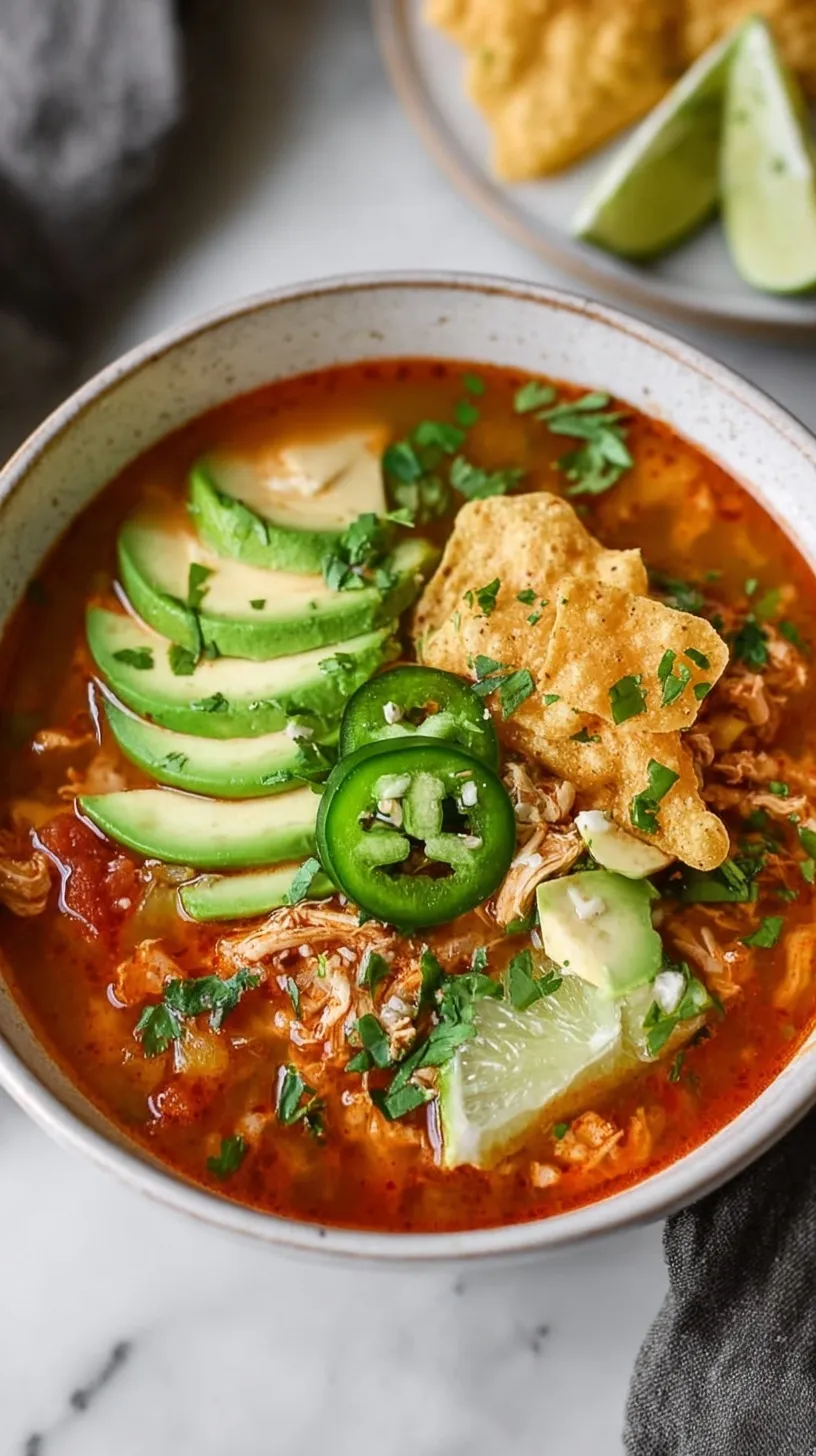 A vibrant bowl of chicken fajita soup topped with fresh cilantro and lime wedges.