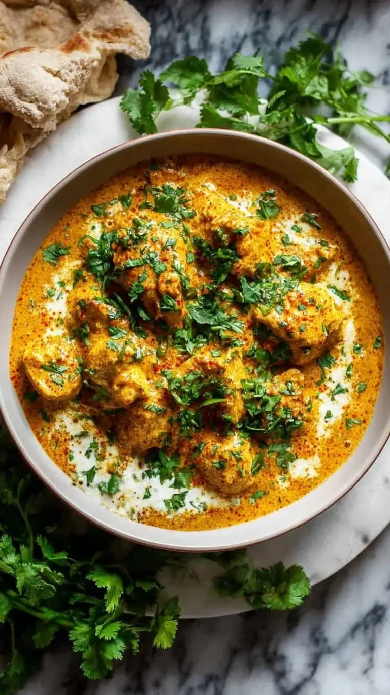 A bowl of creamy slow cooker chicken korma topped with fresh cilantro and toasted almonds.