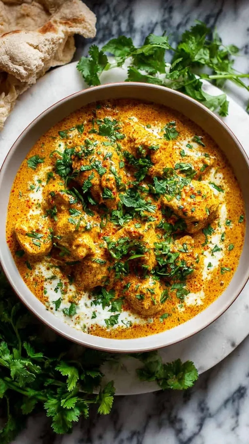 A bowl of creamy slow cooker chicken korma topped with fresh cilantro and toasted almonds.