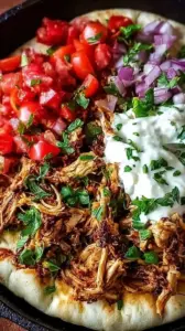 Shredded slow cooker chicken shawarma with red onions and warm spices