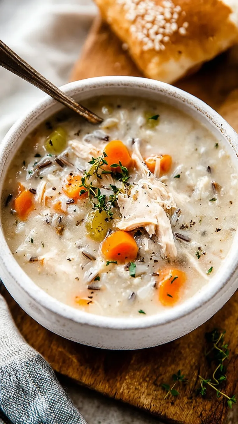 A white bowl filled with creamy chicken wild rice soup and fresh spinach