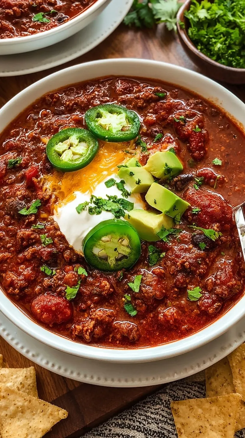 A steaming bowl of thick beef chili topped with cheese and green onions