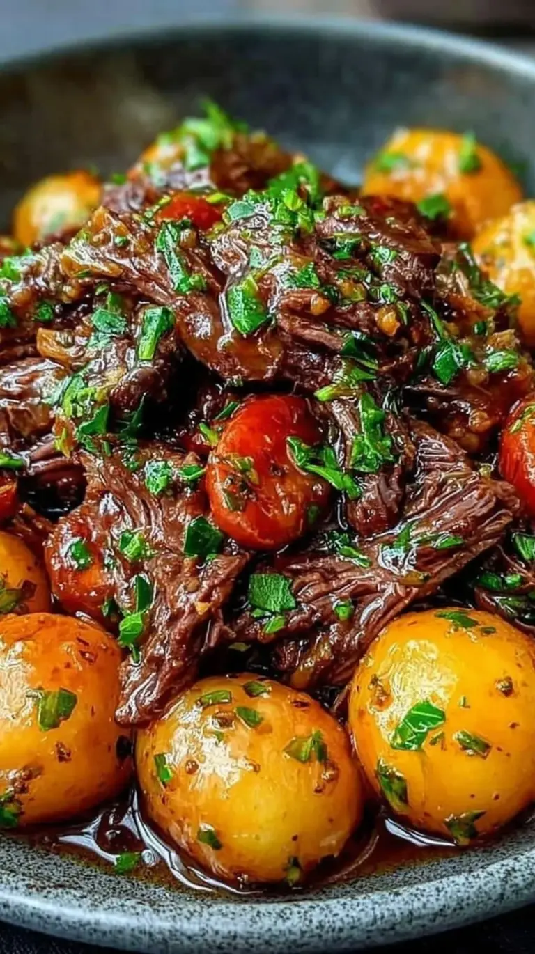 A bowl of tender slow-cooked beef cubes and yellow potatoes garnished with fresh parsley