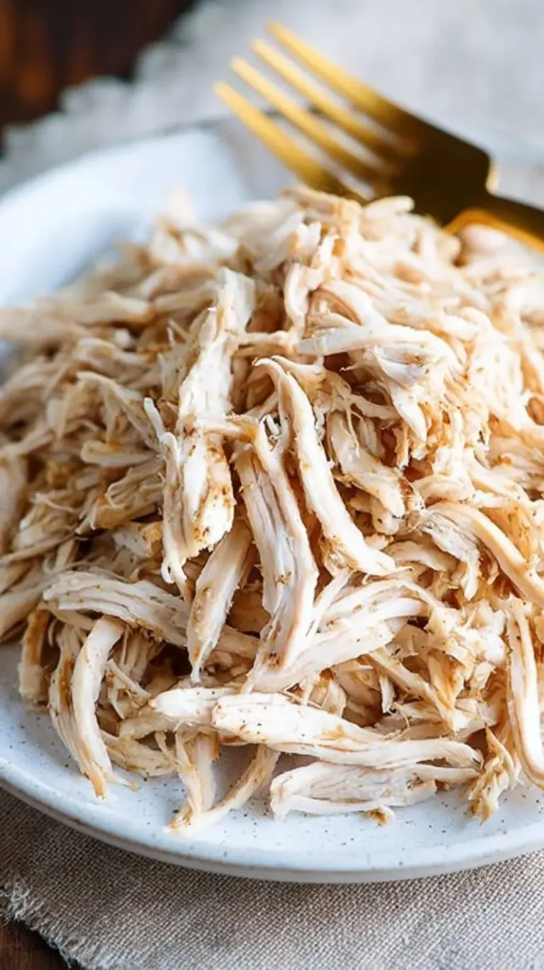 A bowl of tender shredded chicken seasoned with herbs in a white ceramic dish