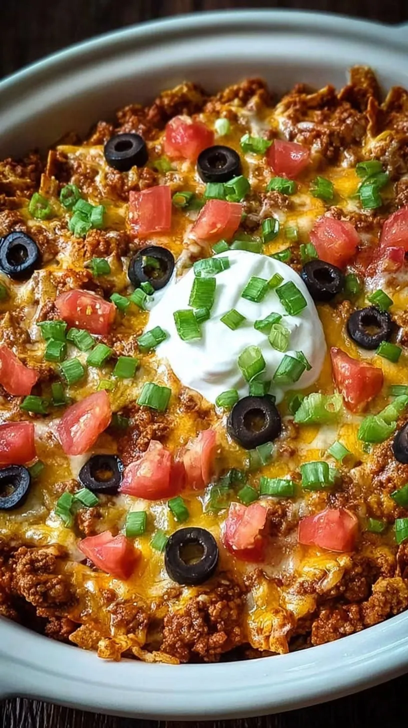 A layered taco casserole in a slow cooker topped with melted cheese and black olives.