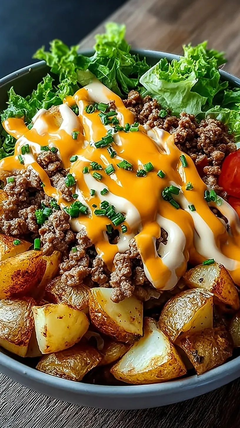 A fresh smash burger bowl with crispy beef patties, cheddar cheese, and pickles.