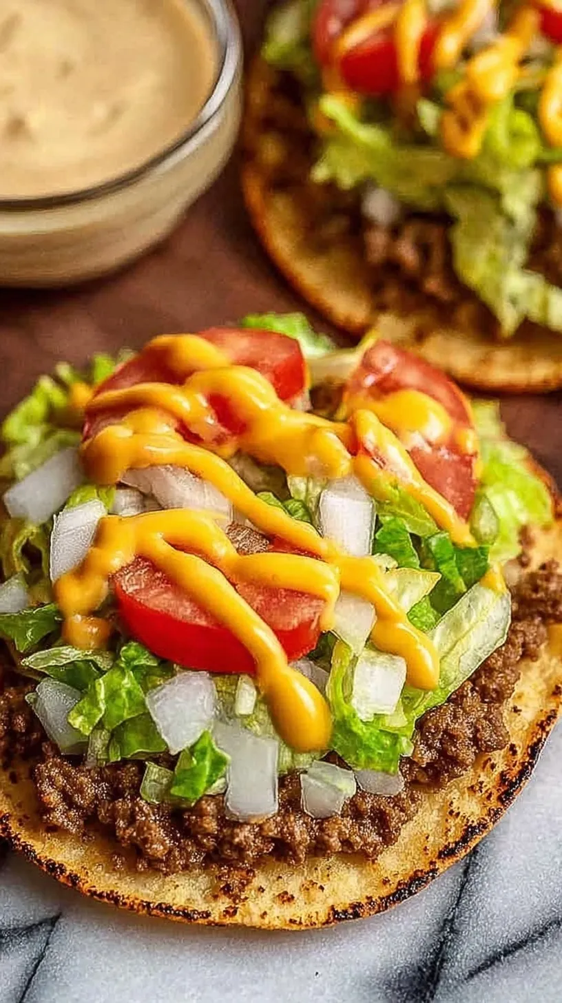 Crispy smash burger tacos topped with melted cheese, lettuce, and onions on a wooden board